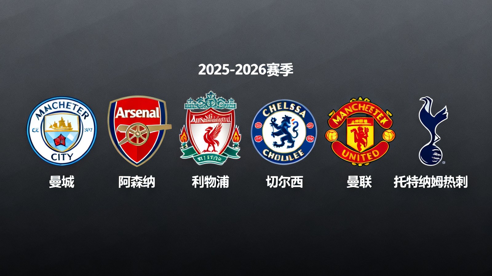2025-2026赛季英超六强球队队徽排列图表，背景为深色数据可视化风格